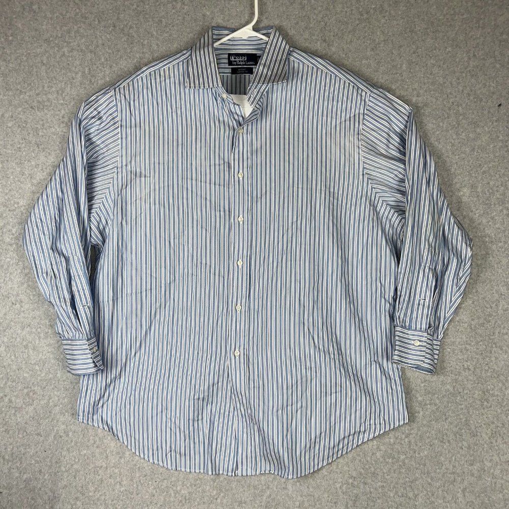 Ralph Lauren Regent Shirt Mens Large 17.5 Blue Striped Classic Fit Long Sleeve